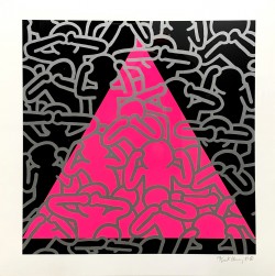 Keith Haring was an American artist whose pop art emerged from the New York City graffiti subculture of the 1980s. His animated imagery has become a widely recognized visual language. Much of his work includes sexual allusions that turned into social activism by using the images to advocate for safe sex and AIDS awareness.One of Haring’s most powerful works of art is called “Silence=Death.” In this drawing, there are an abundance of stick figures cramped and confined in a black square with a central pink triangle. Haring uses a pink triangle to shed light on people who may think that they are forced to stay silent since they aren’t heard understood or recognized by society.
<br /><br />
“Similar to “Ignorance = Fear,” this drawing also represents people enduring the struggle of AIDS – those who may feel cast away by others due to societal stigmas. “Inside a black square of darkness and silence in which many marginalized groups felt like they were inside; I use this triangle to draw the eyes of passersby and motivate one to act up and make a difference by raising awareness of AIDS.”
<br /><br />
Medium: Color Screenprint on Woven Paper | Size: 39 x 39" | Value: $24,000