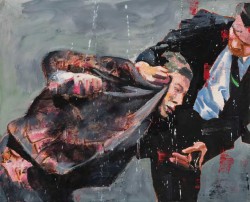 Nicky Nodjoumi’s large-scale oil paintings explore the legacies of personal and collective trauma—including the artist’s own experiences of the Islamic republic from which he was displaced—and ideas of memory and power that loom over present day Iran. Frequently compared to Neo Rauch, Nodjoumi paints flattened, translucent figures that make reference to Persian history, vulnerable or sexualized animals, and Western men inspired by news clippings. He splices bodies onto one another to create a pastiche of history and evoke a sense of violence, while flattening the figures into a virtual space with abstract painterly backgrounds, locating the work in his imagination as much as a recognizable history.
<br /><br />
Medium: Oil on canvas | Size: 16 x 20” | Value: $10,000